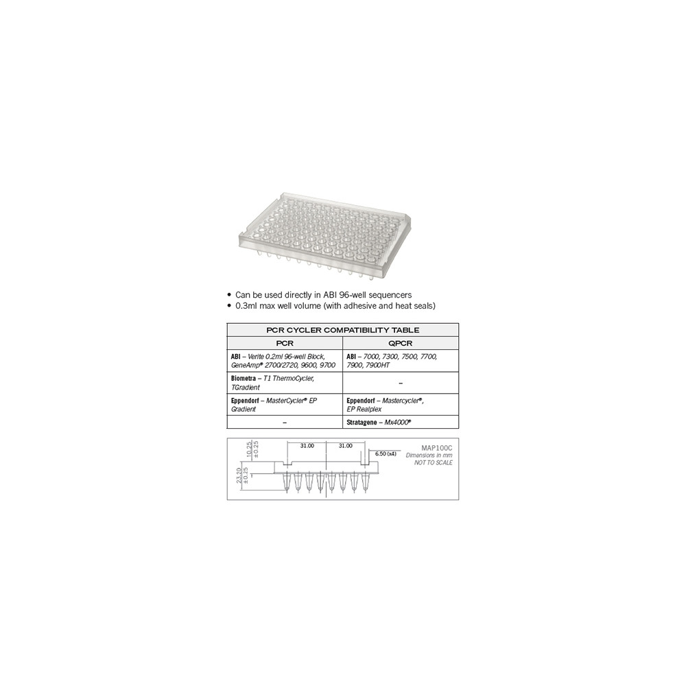 96 well PCR detection plate, semi skirted, raised skirt